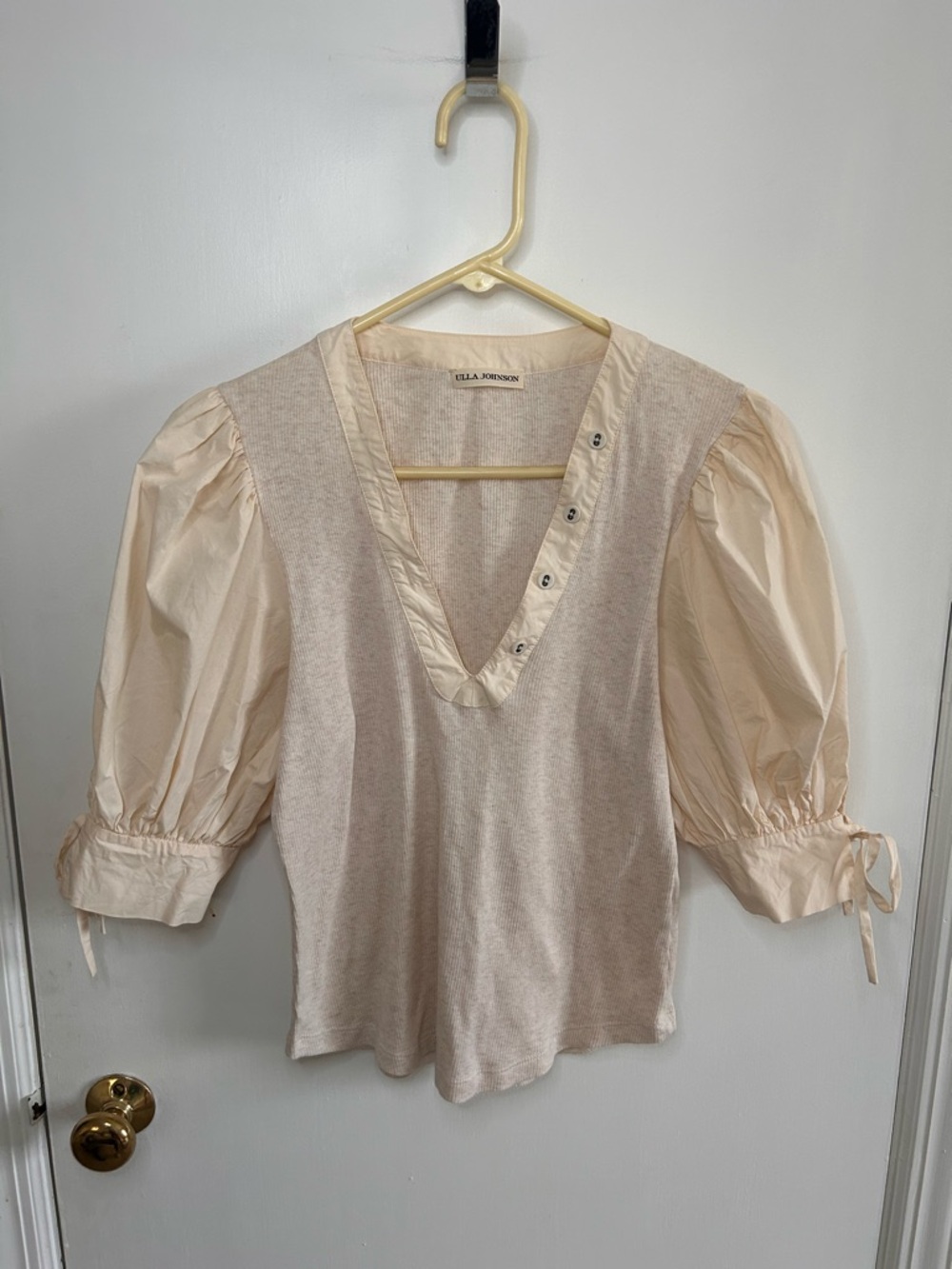 ULLA JOHNSON PIA V-NECK MELANGE RIB KNIT TOP WITH PUFF SLEEVES SIZE MEDIUM - Picture 3 of 13